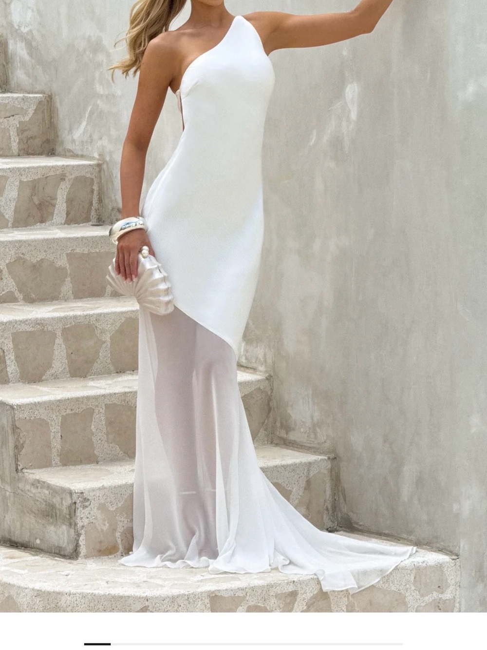 Asymmetric One-Shoulder White Evening Dress with Sheer Skirt